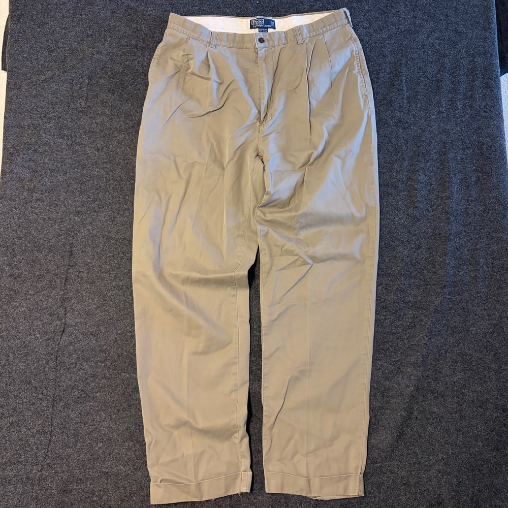 Polo Ralph Lauren Hammond Pant Mens 36x34 Khaki Tan Pleated Chino Cotton Trouser